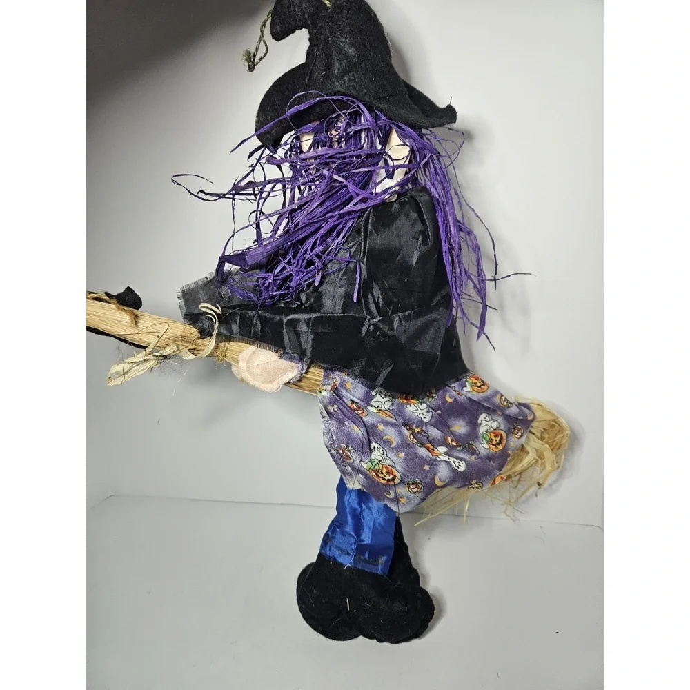 Flying Witch Hanging Decoration Straw Broom Black Cat Halloween Plush Folk Art